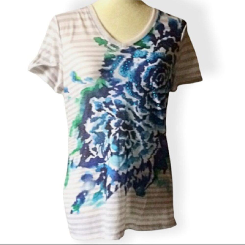 Bling blue Rose top t-shirt short sleeve white blue stripe floral